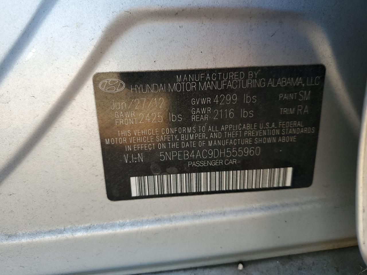 2013 Hyundai Sonata Gls VIN: 5NPEB4AC9DH555960 Lot: 83868855