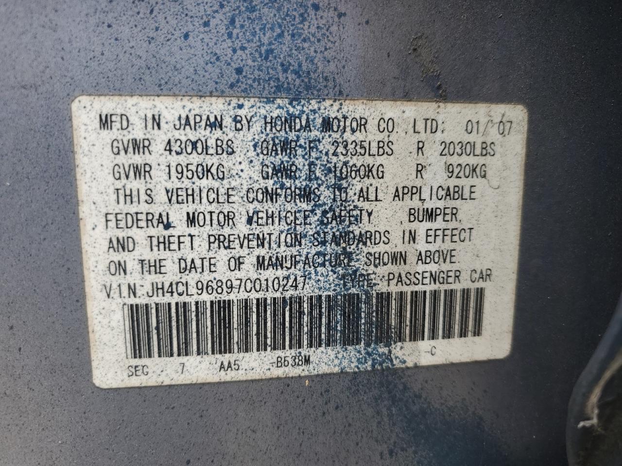 2007 Acura Tsx VIN: JH4CL96897C010247 Lot: 71599375