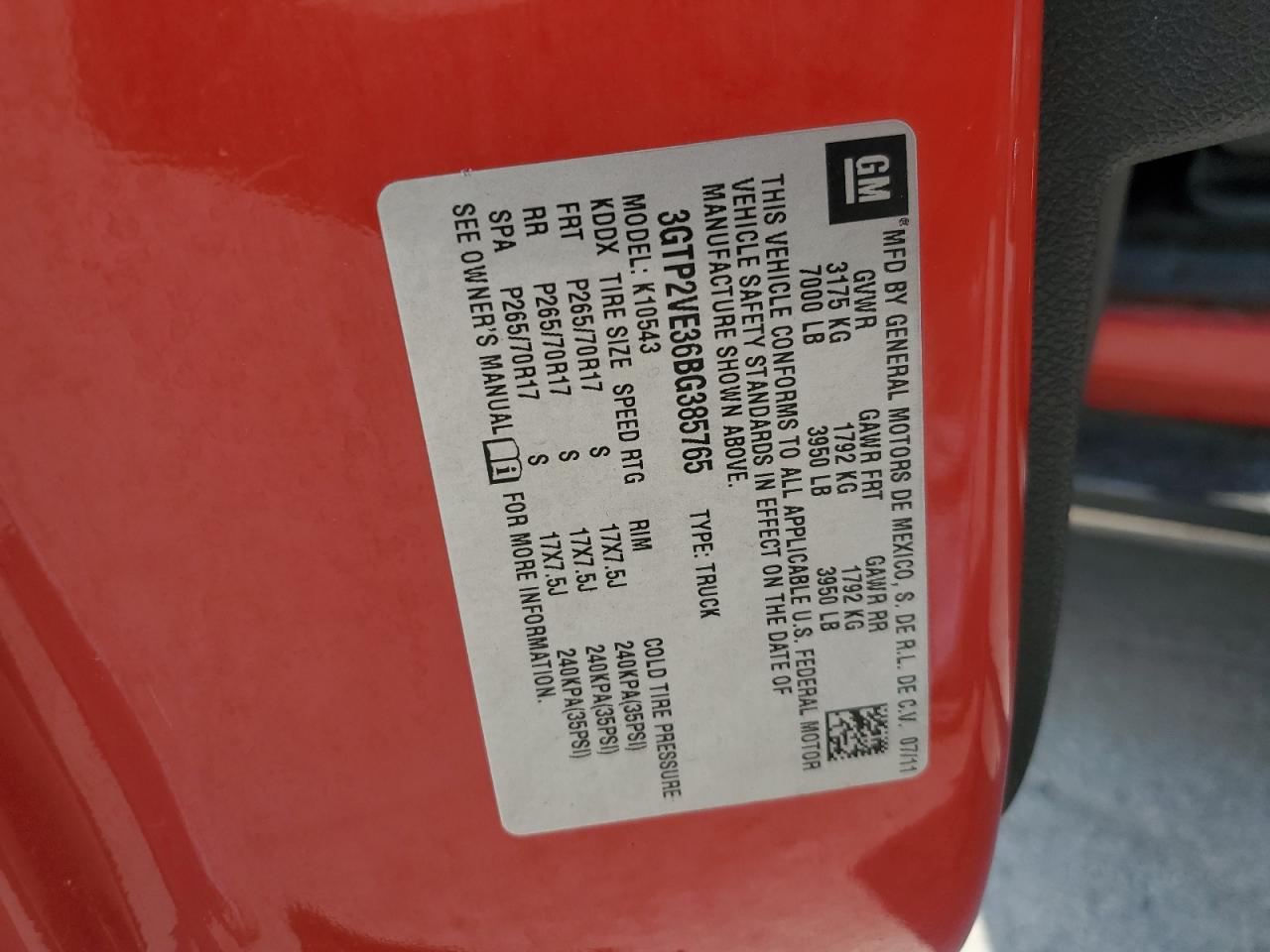 2011 GMC Sierra K1500 Sle VIN: 3GTP2VE36BG385765 Lot: 80961515