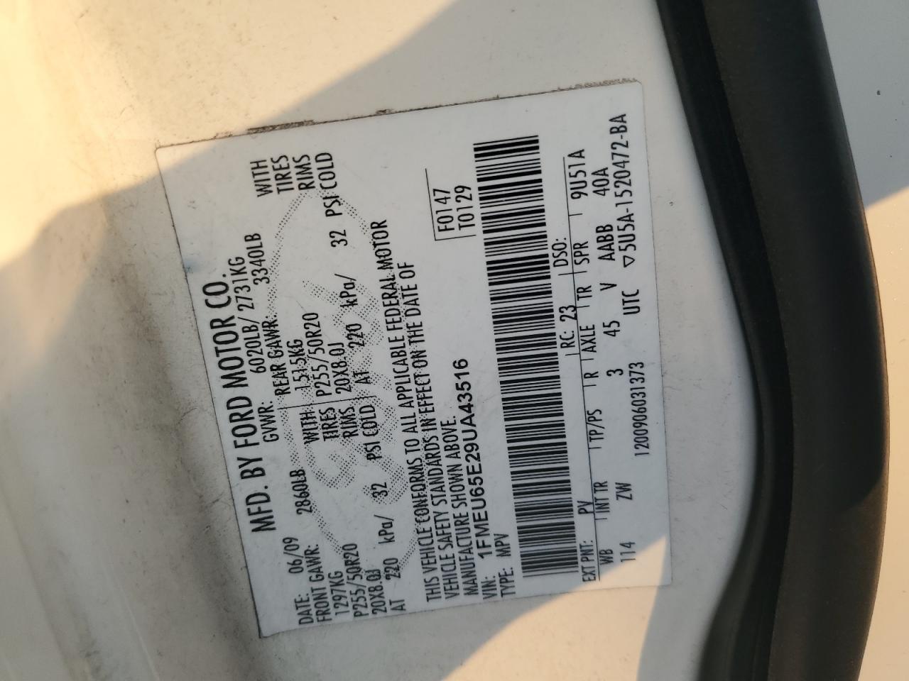 2009 Ford Explorer Limited VIN: 1FMEU65E29UA43516 Lot: 80338275