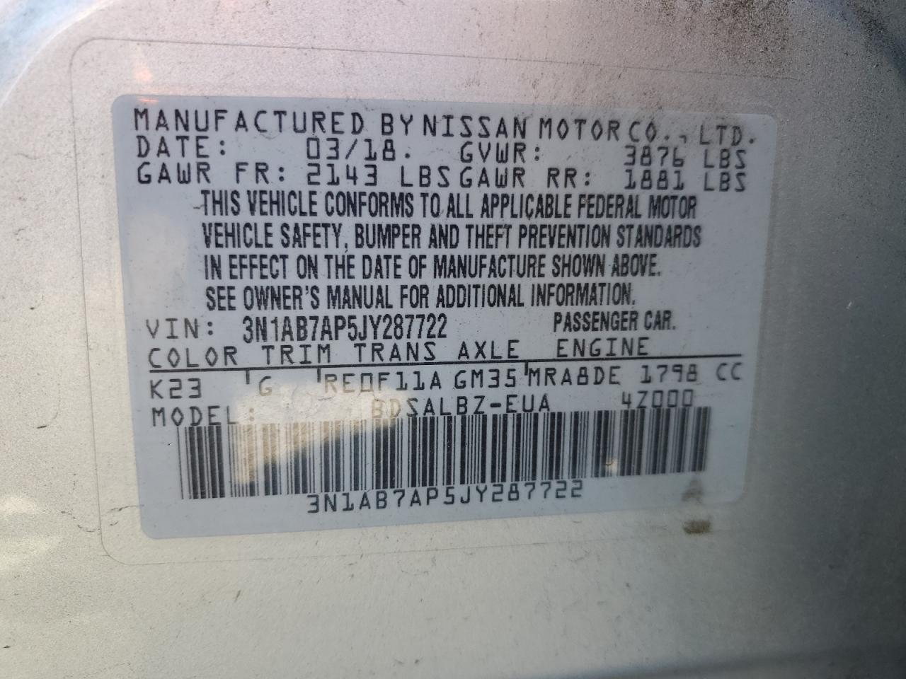 2018 Nissan Sentra S VIN: 3N1AB7AP5JY287722 Lot: 71717655