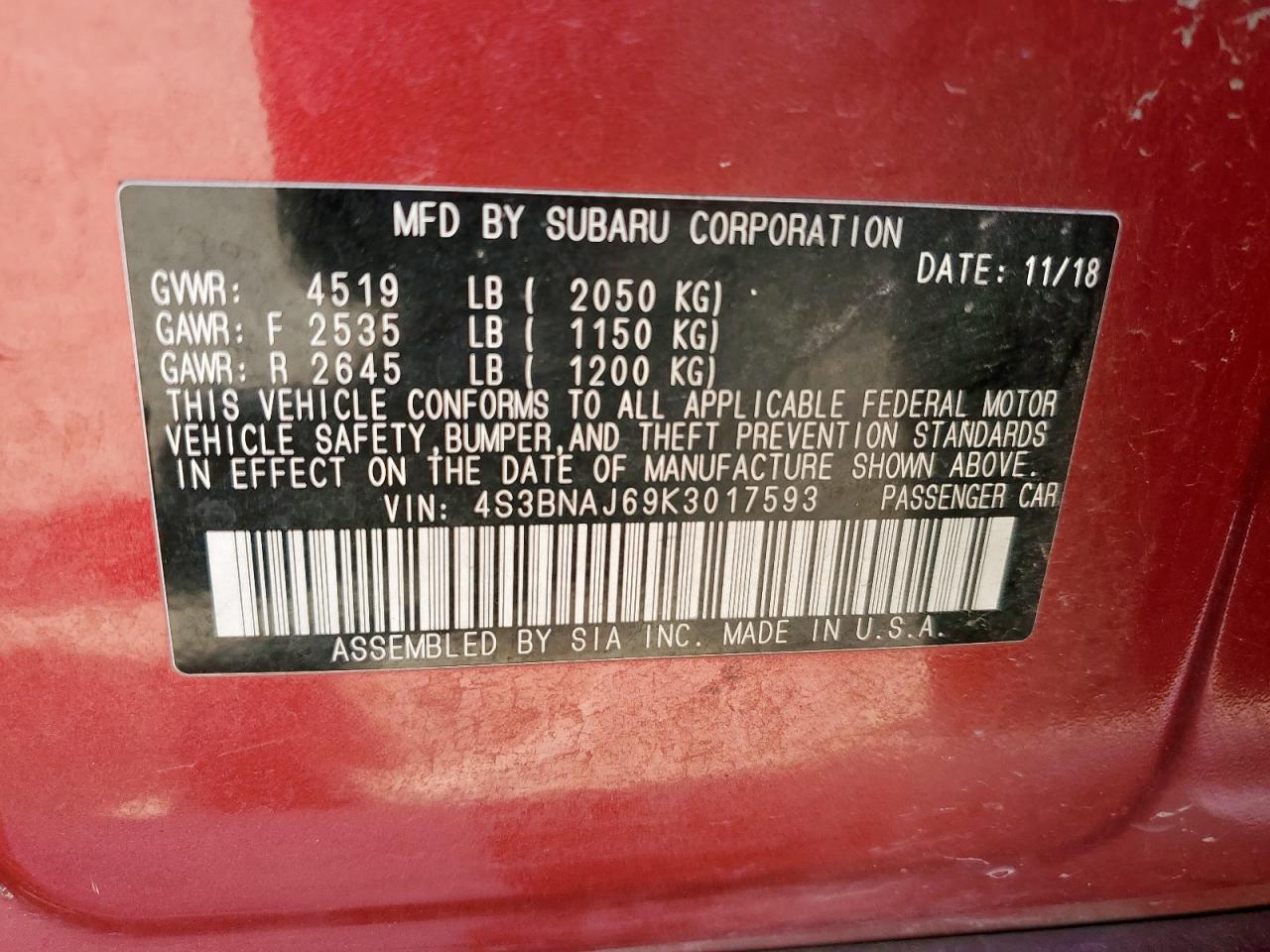 2019 Subaru Legacy 2.5I Limited VIN: 4S3BNAJ69K3017593 Lot: 84557875