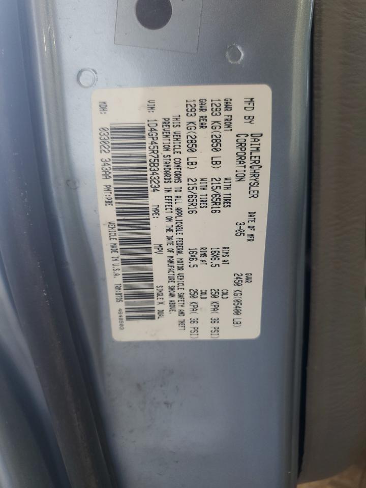 2005 Dodge Caravan Sxt VIN: 1D4GP45R75B343234 Lot: 80656985