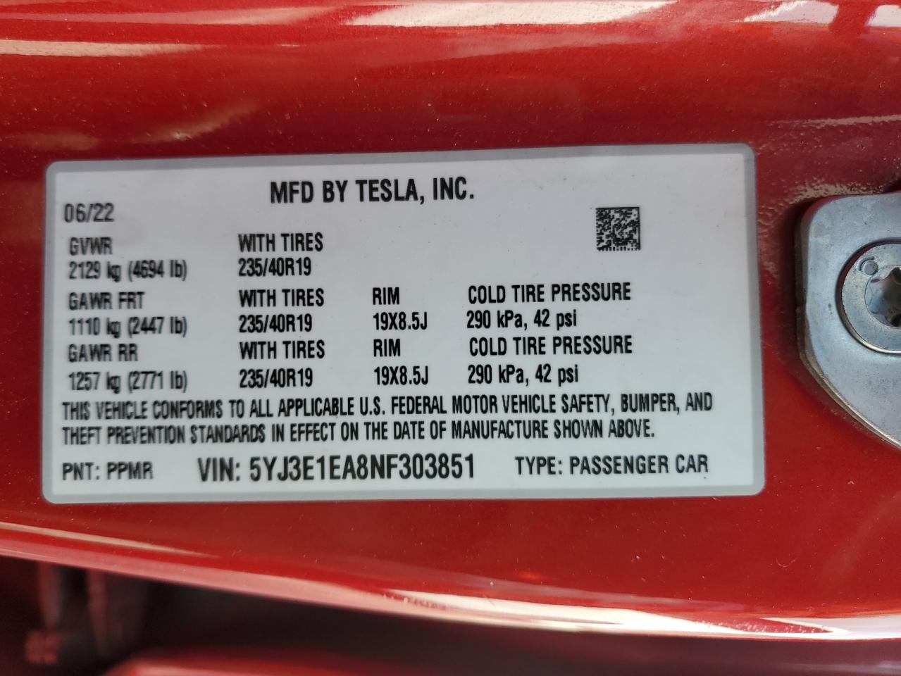 2022 Tesla Model 3 VIN: 5YJ3E1EA8NF303851 Lot: 84453695