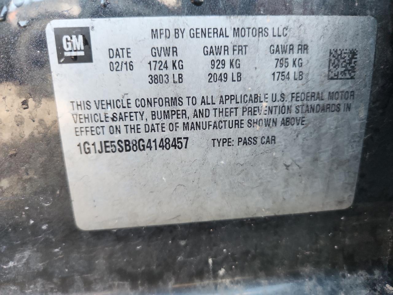 2016 Chevrolet Sonic Ltz VIN: 1G1JE5SB8G4148457 Lot: 81194165