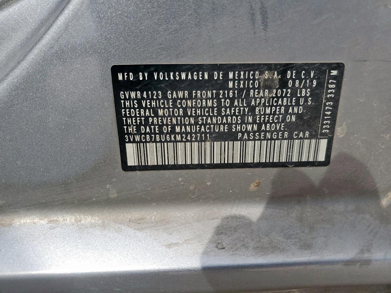 2019 Volkswagen Jetta S VIN: 3VWCB7BU6KM242711 Lot: 84606915
