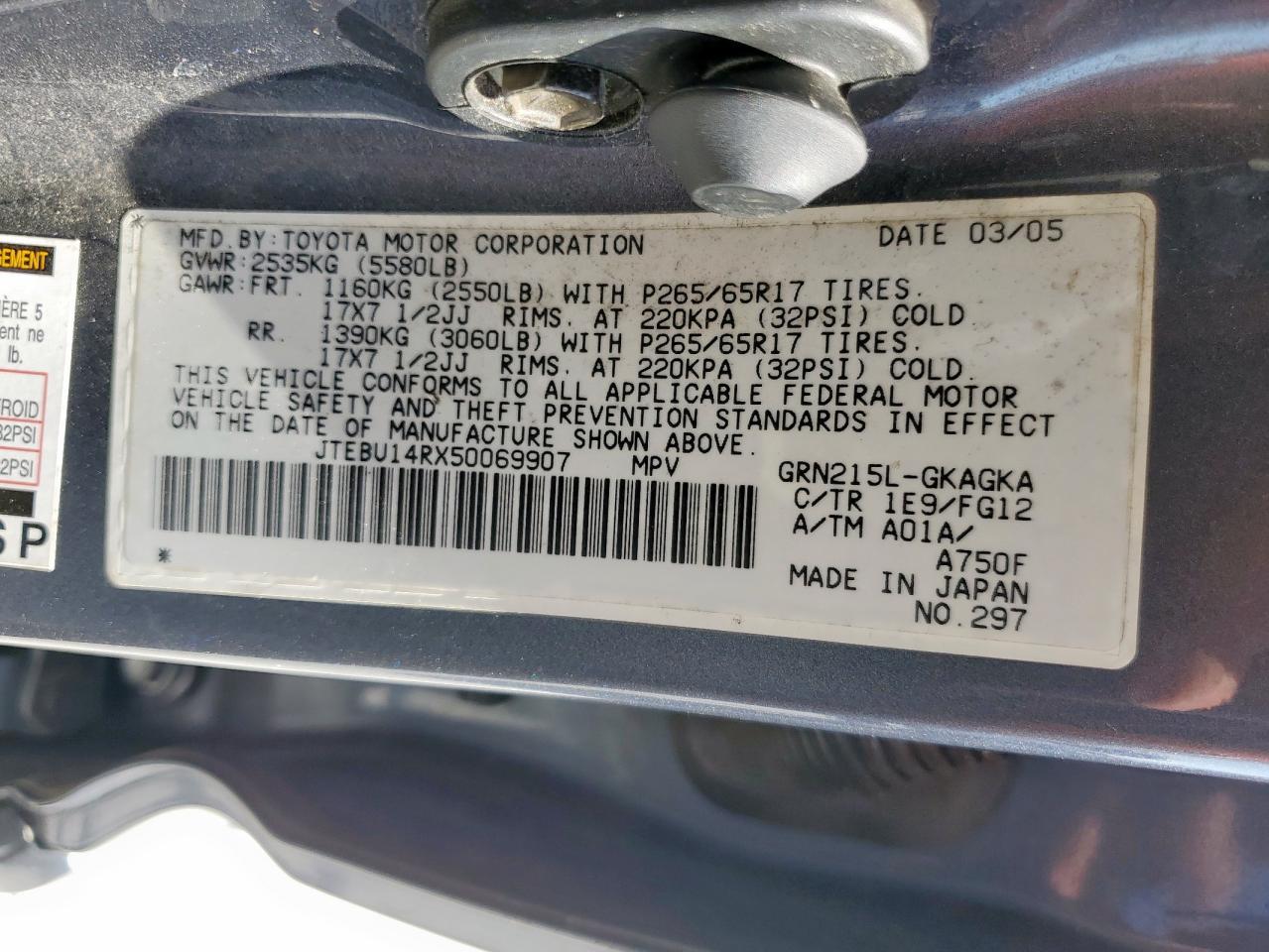 2005 Toyota 4Runner Sr5 VIN: JTEBU14RX50069907 Lot: 84562205