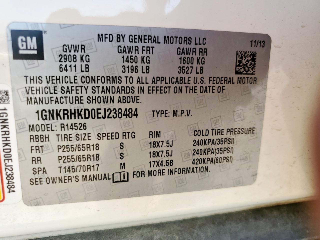 2014 Chevrolet Traverse Lt VIN: 1GNKRHKD0EJ238484 Lot: 81068835