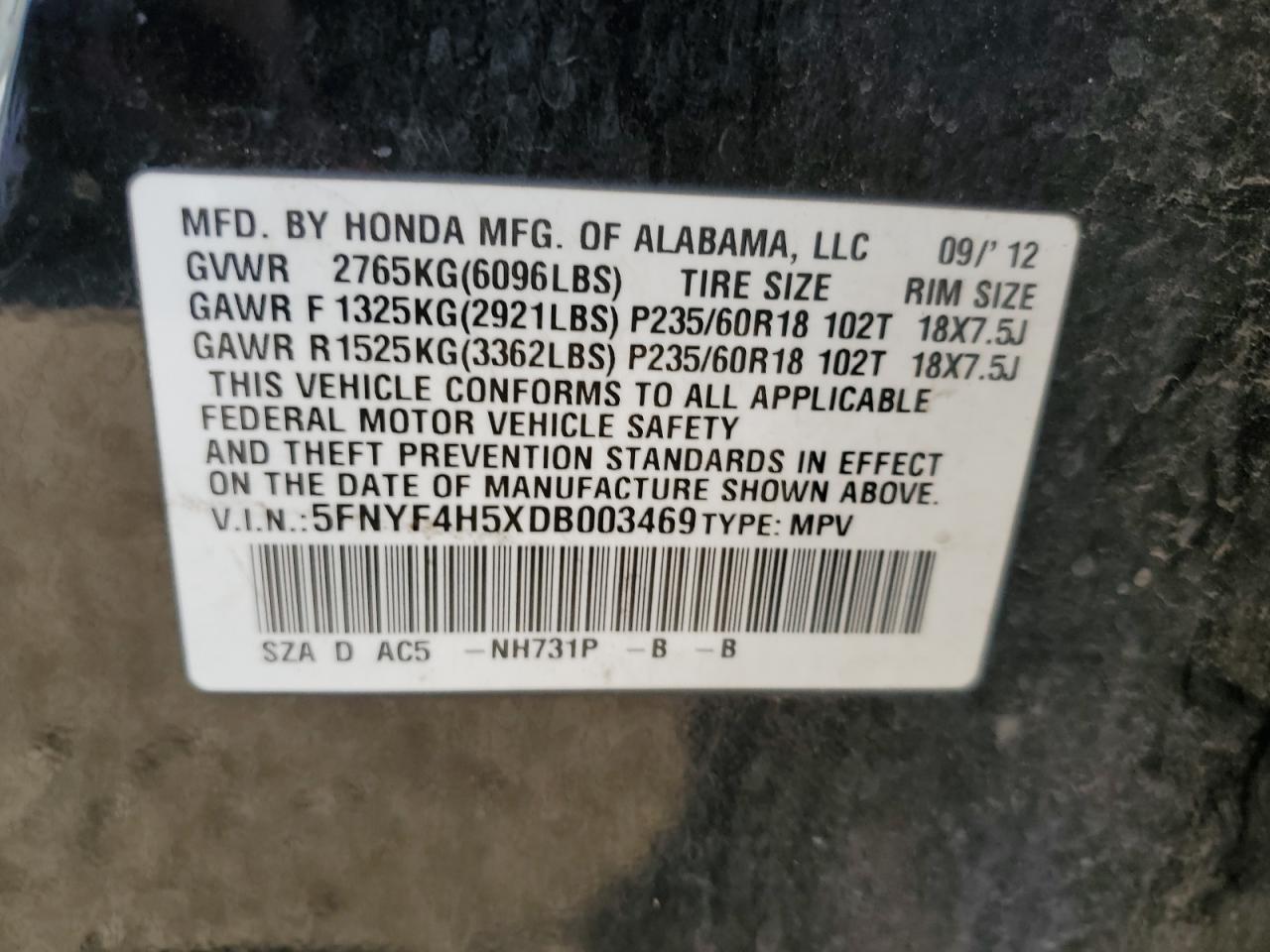 2013 Honda Pilot Exl VIN: 5FNYF4H5XDB003469 Lot: 67151885