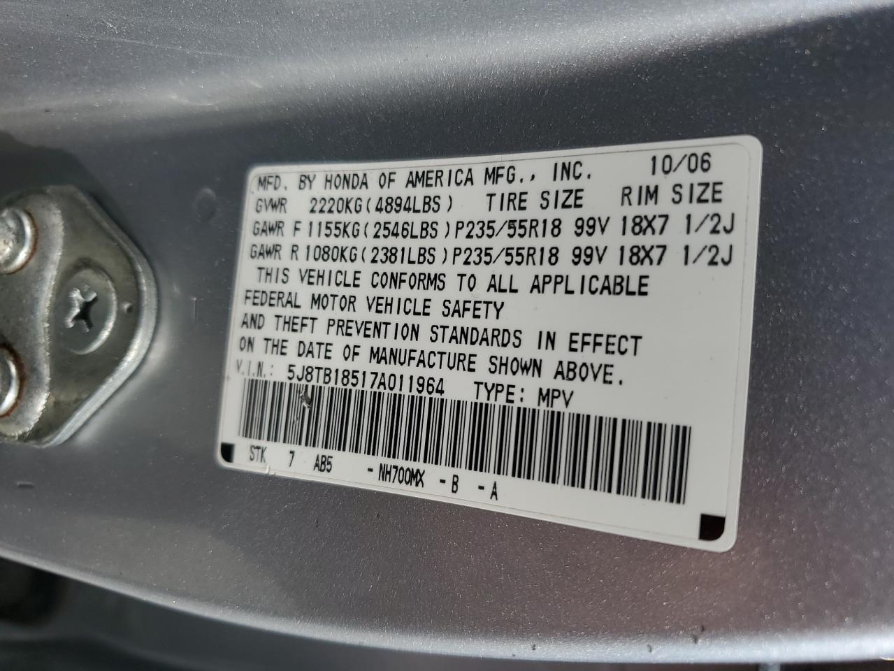 2007 Acura Rdx Technology VIN: 5J8TB18517A011964 Lot: 71590785