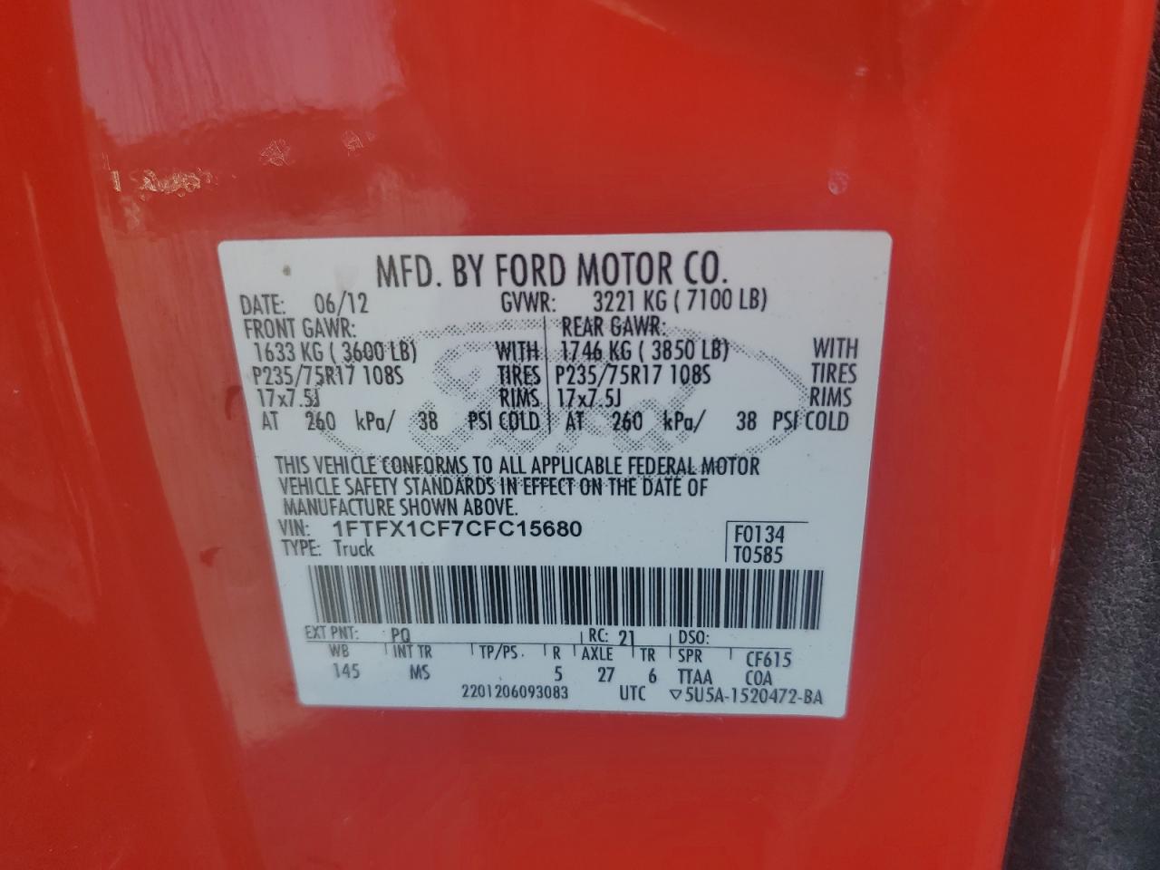 2012 Ford F150 Super Cab VIN: 1FTFX1CF7CFC15680 Lot: 81339375