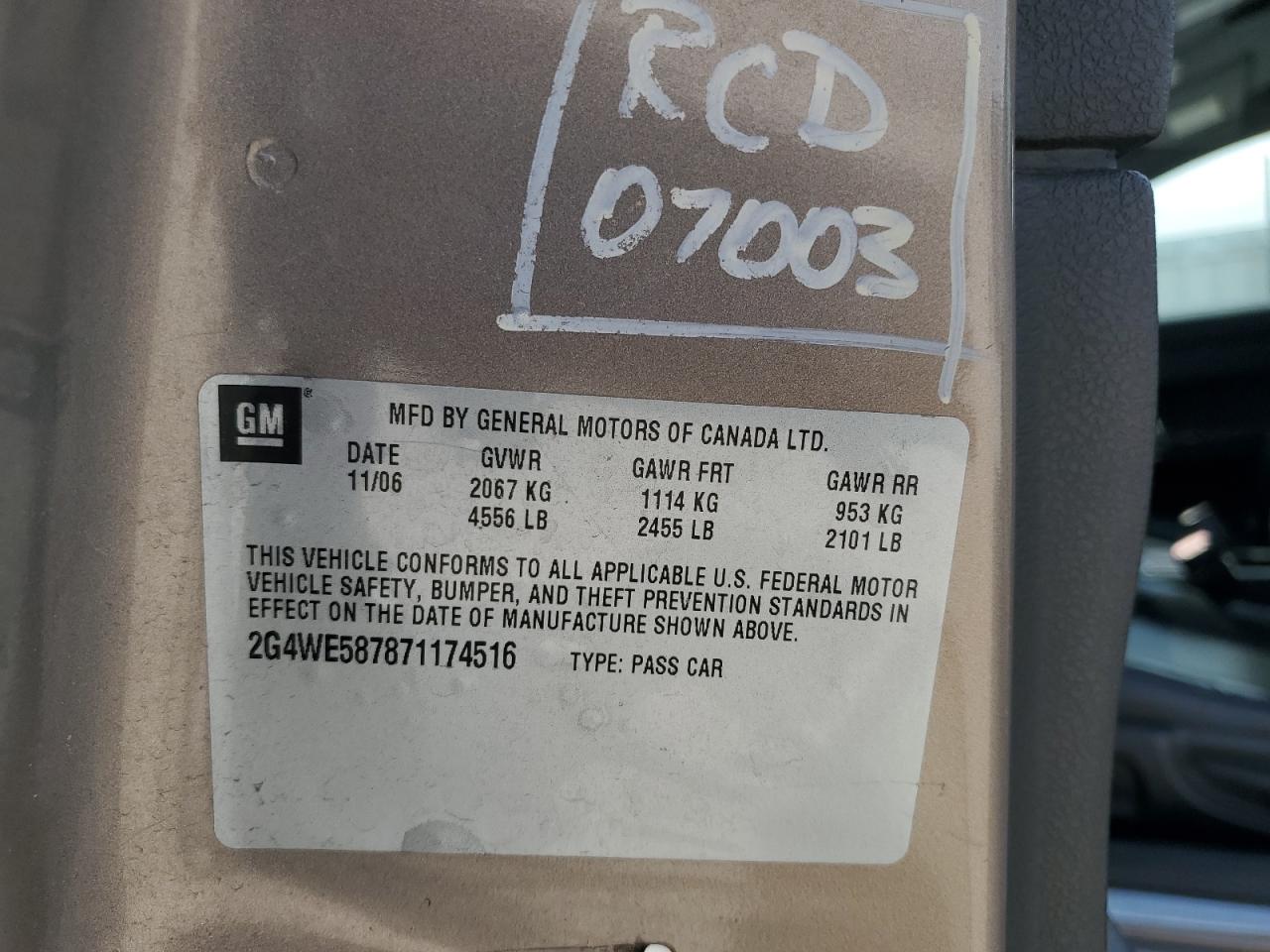 2007 Buick Lacrosse Cxs VIN: 2G4WE587871174516 Lot: 71814985