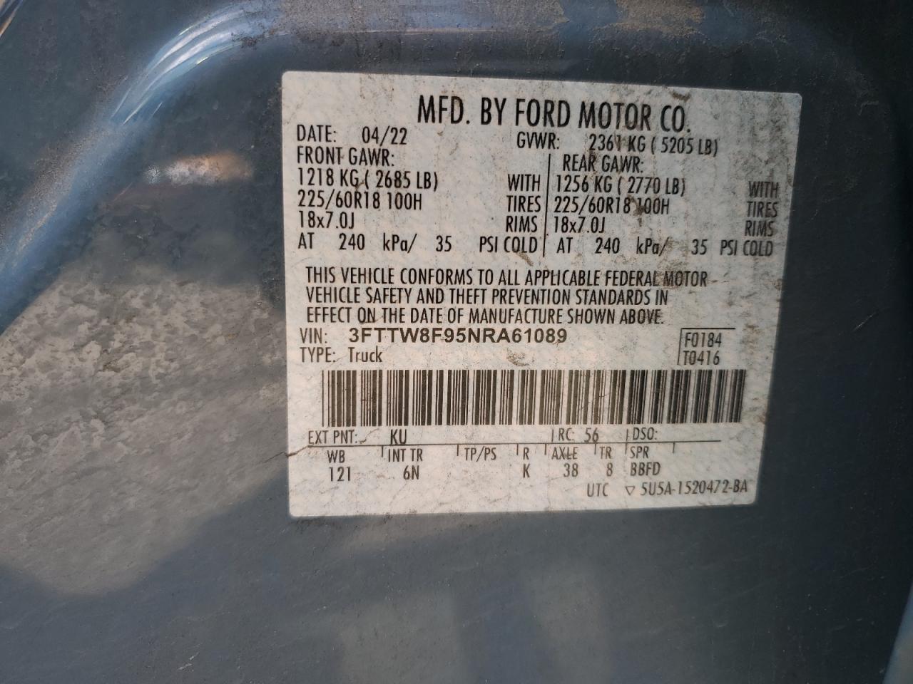 2022 Ford Maverick Xl VIN: 3FTTW8F95NRA61089 Lot: 83946635