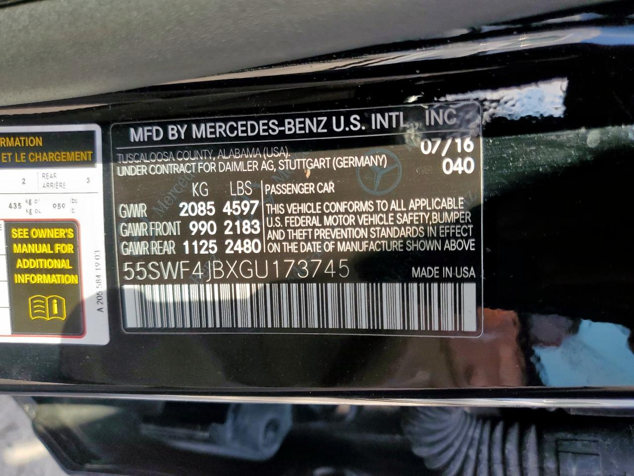 2016 Mercedes-Benz C 300 VIN: 55SWF4JBXGU173745 Lot: 71654675