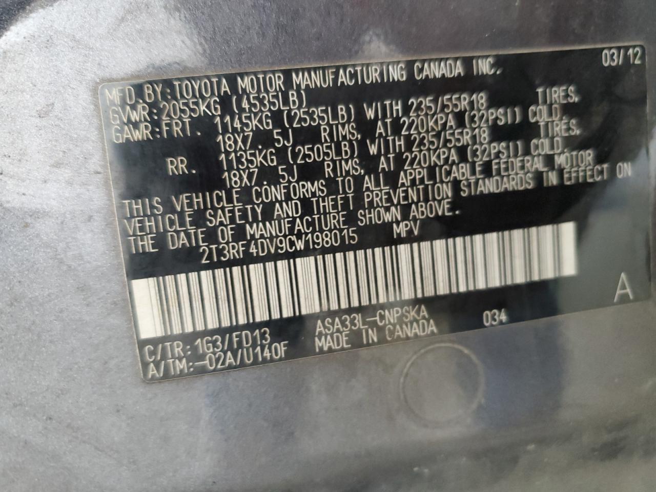 2012 Toyota Rav4 Sport VIN: 2T3RF4DV9CW198015 Lot: 81334395