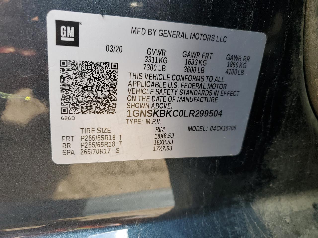 2020 Chevrolet Tahoe K1500 Lt VIN: 1GNSKBKC0LR299504 Lot: 80727025