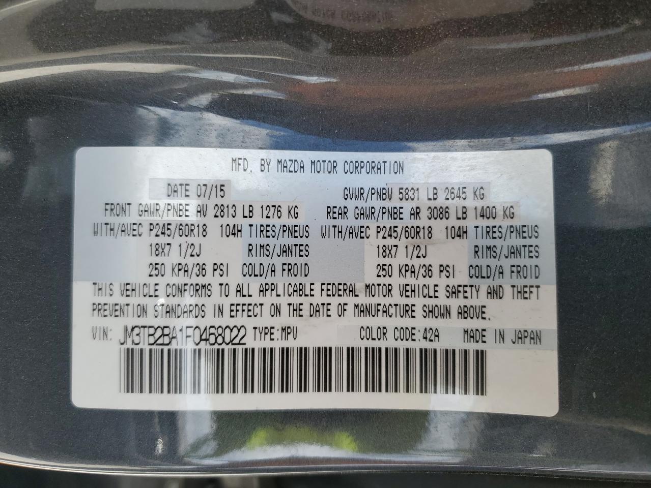 2015 Mazda Cx-9 Sport VIN: JM3TB2BA1F0468022 Lot: 71368815