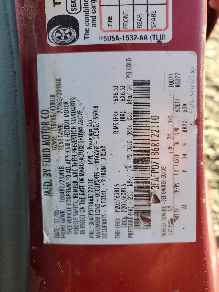 2006 Ford Fusion Se VIN: 3FAFP07186R122110 Lot: 82056525