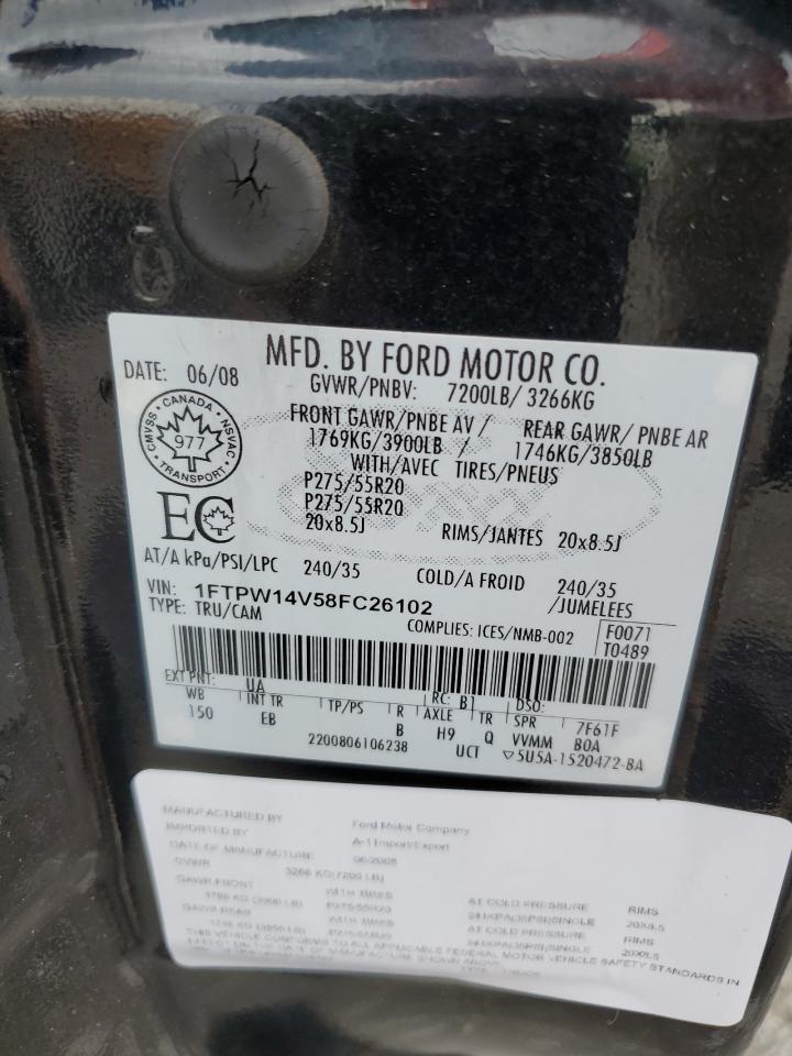 2008 Ford F150 Supercrew VIN: 1FTPW14V58FC26102 Lot: 82043965