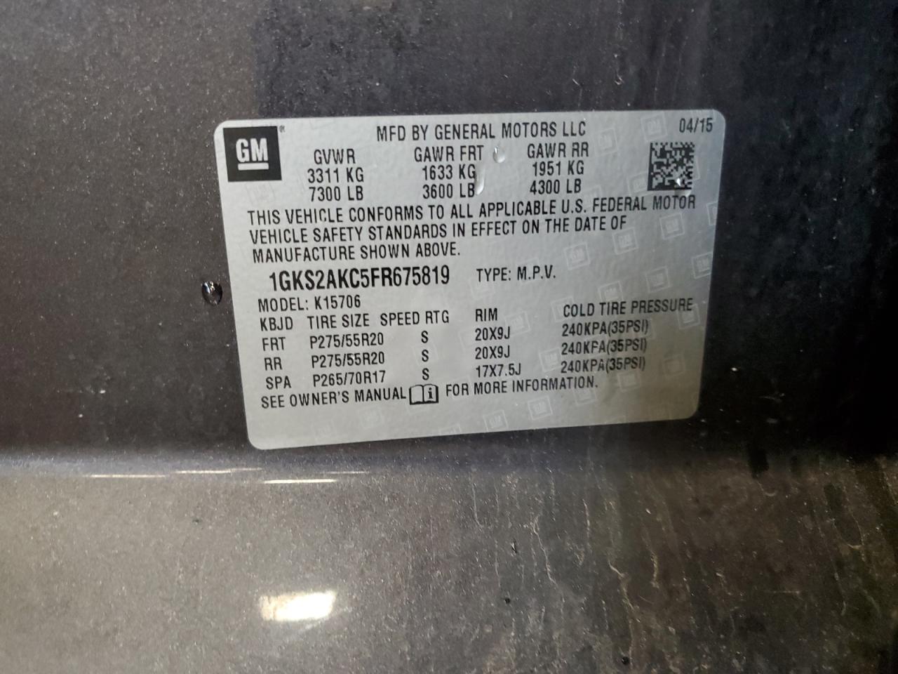 2015 GMC Yukon Sle VIN: 1GKS2AKC5FR675819 Lot: 80171625