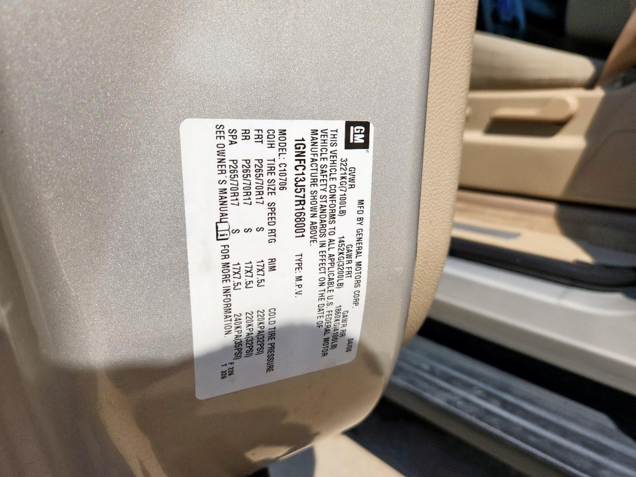 2007 Chevrolet Tahoe C1500 VIN: 1GNFC13J57R168001 Lot: 81153615