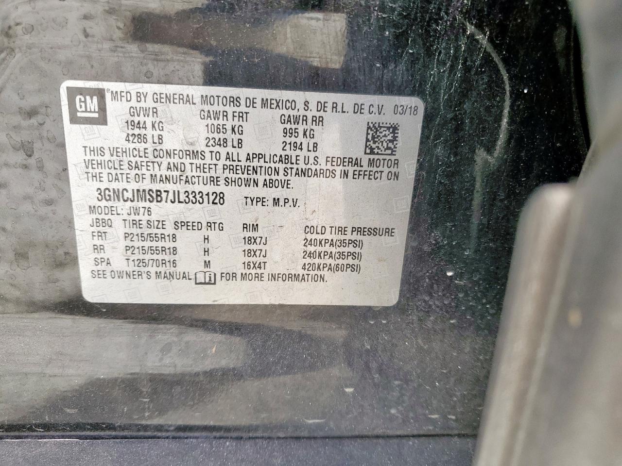 2018 Chevrolet Trax Premier VIN: 3GNCJMSB7JL333128 Lot: 82081485