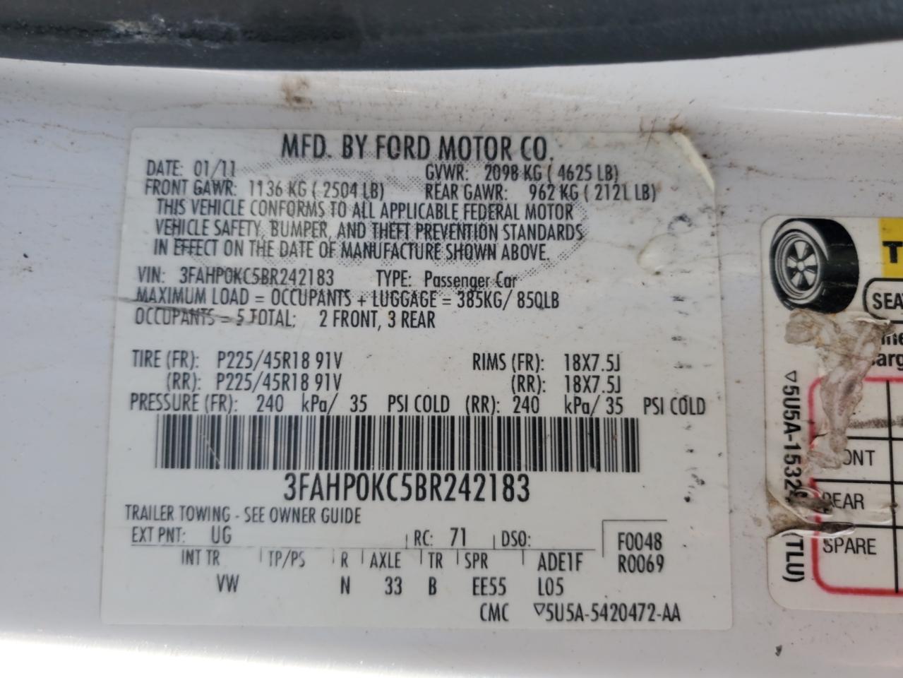 2011 Ford Fusion Sport VIN: 3FAHP0KC5BR242183 Lot: 84238015