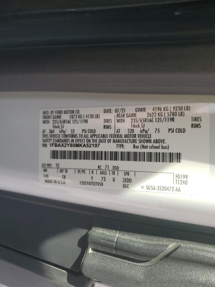 2021 Ford Transit T-350 VIN: 1FBAX2Y80MKA52197 Lot: 80690685