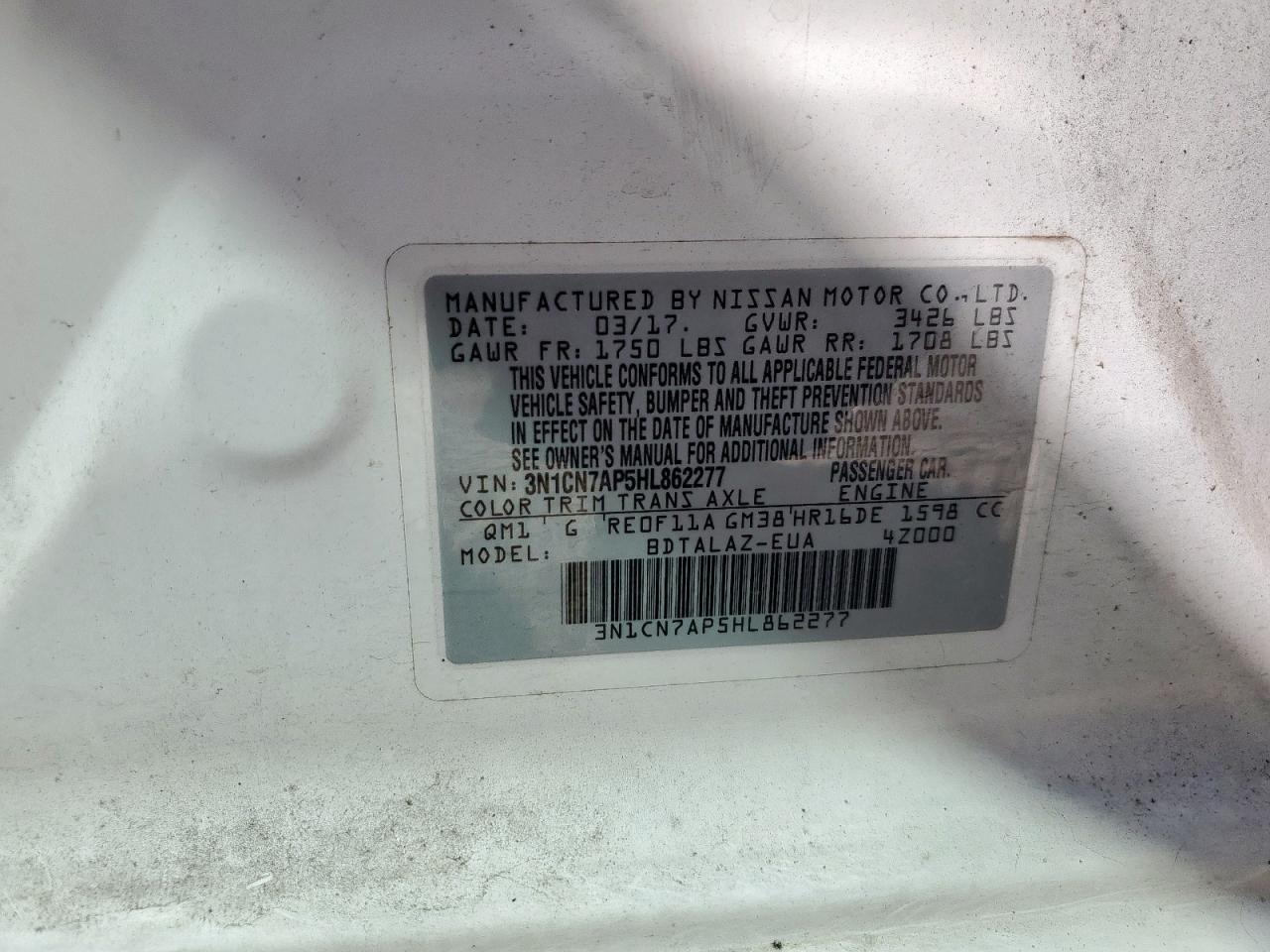 2017 Nissan Versa S VIN: 3N1CN7AP5HL862277 Lot: 84230705