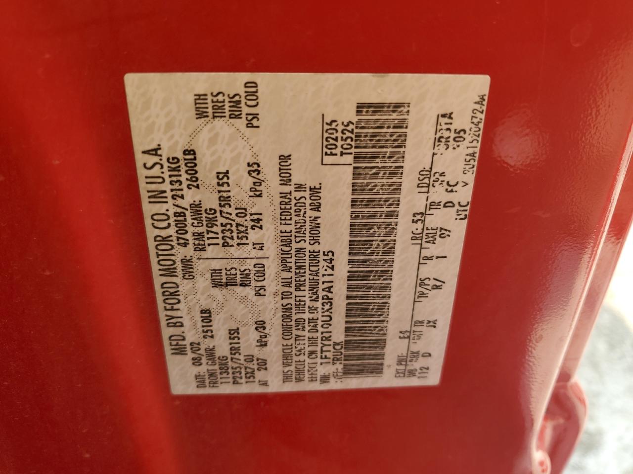 2003 Ford Ranger VIN: 1FTYR10UX3PA11245 Lot: 71407205