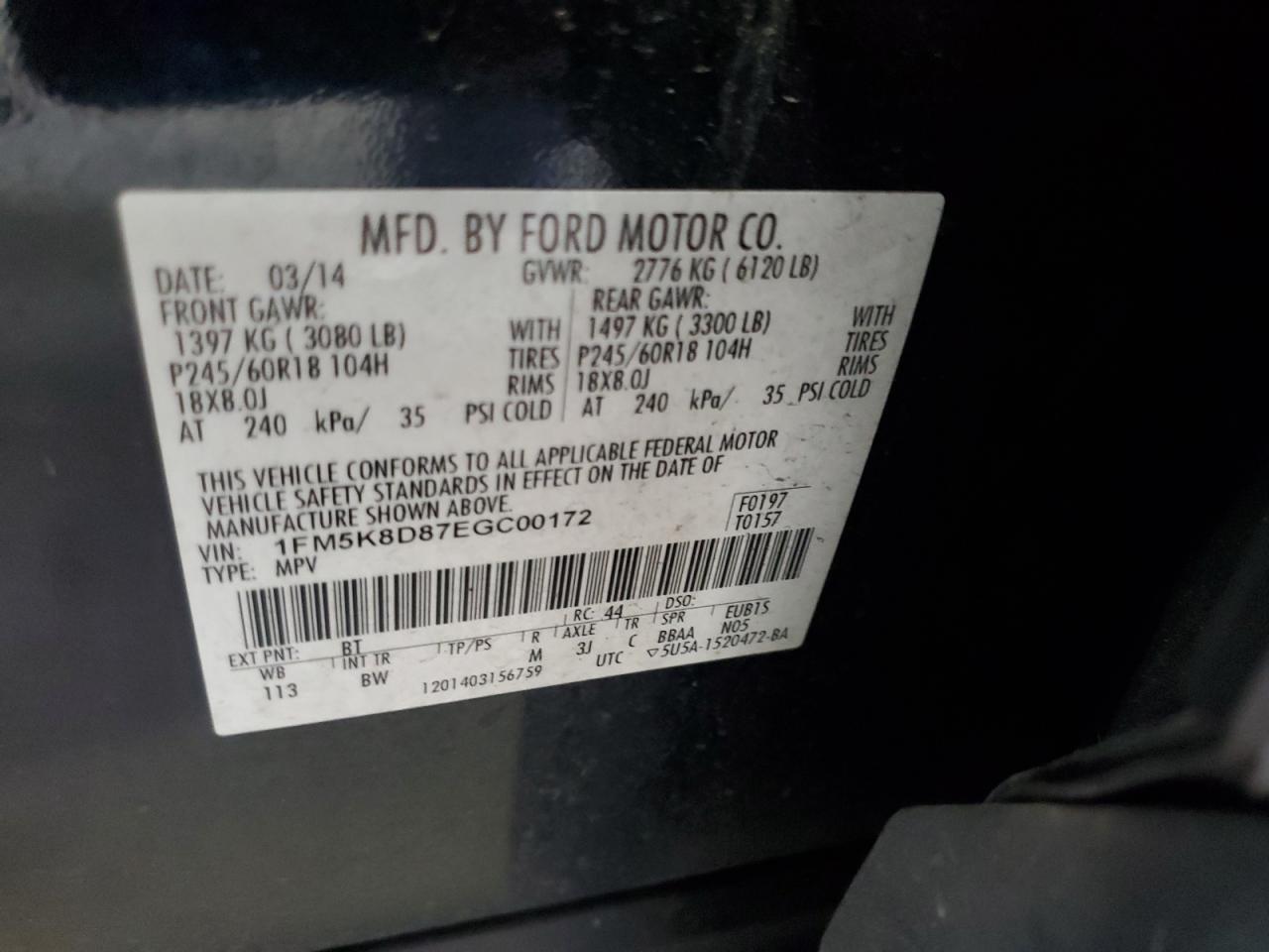 2014 Ford Explorer Xlt VIN: 1FM5K8D87EGC00172 Lot: 71842265