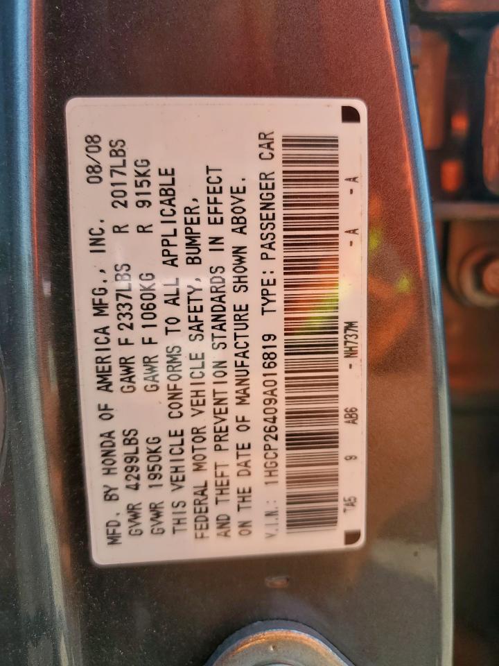 2009 Honda Accord Lxp VIN: 1HGCP26409A016819 Lot: 80143655