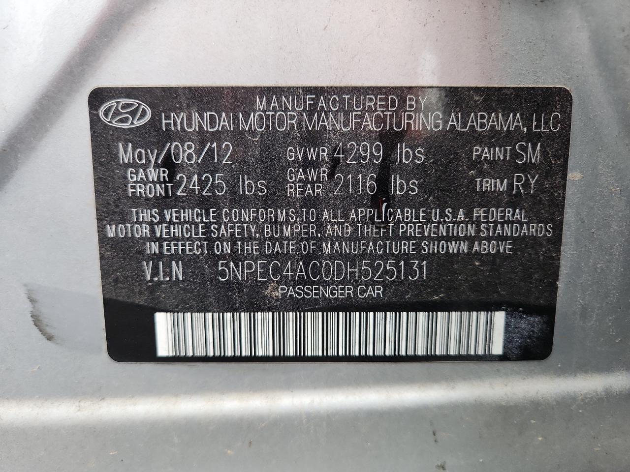 2013 Hyundai Sonata Se VIN: 5NPEC4AC0DH525131 Lot: 82098355