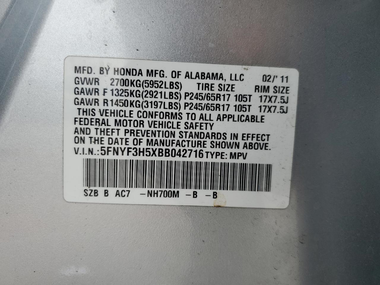 2011 Honda Pilot Exl VIN: 5FNYF3H5XBB042716 Lot: 81722615