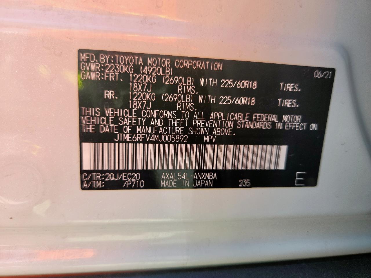 2021 Toyota Rav4 Xse VIN: JTME6RFV4MJ005892 Lot: 80401225