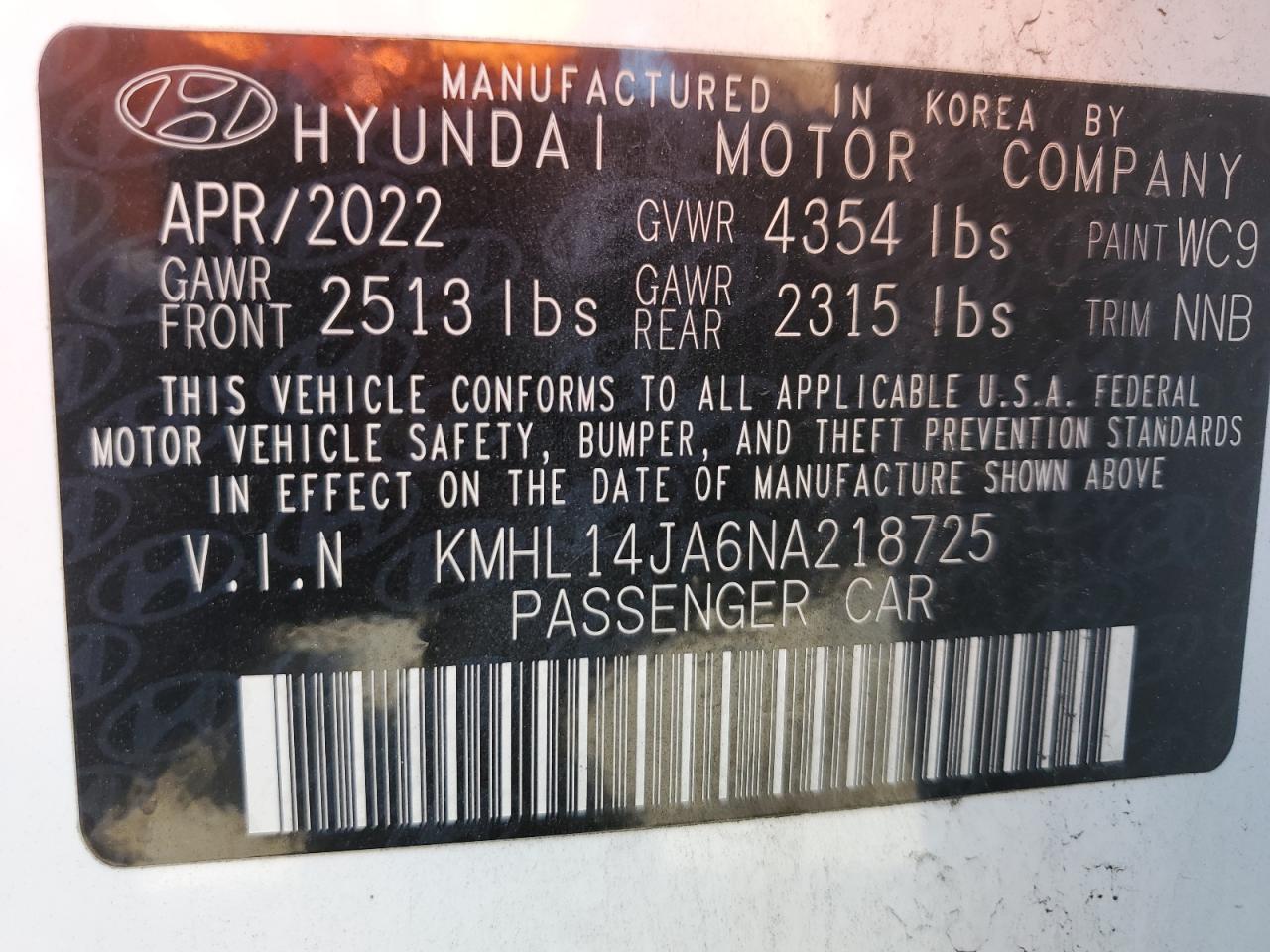 2022 Hyundai Sonata Sel VIN: KMHL14JA6NA218725 Lot: 80005455