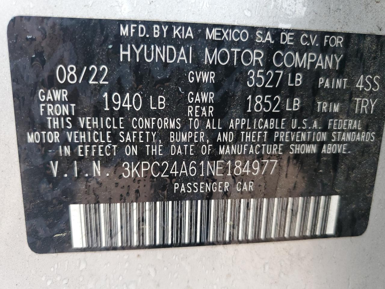 2022 Hyundai Accent Se VIN: 3KPC24A61NE184977 Lot: 84443065