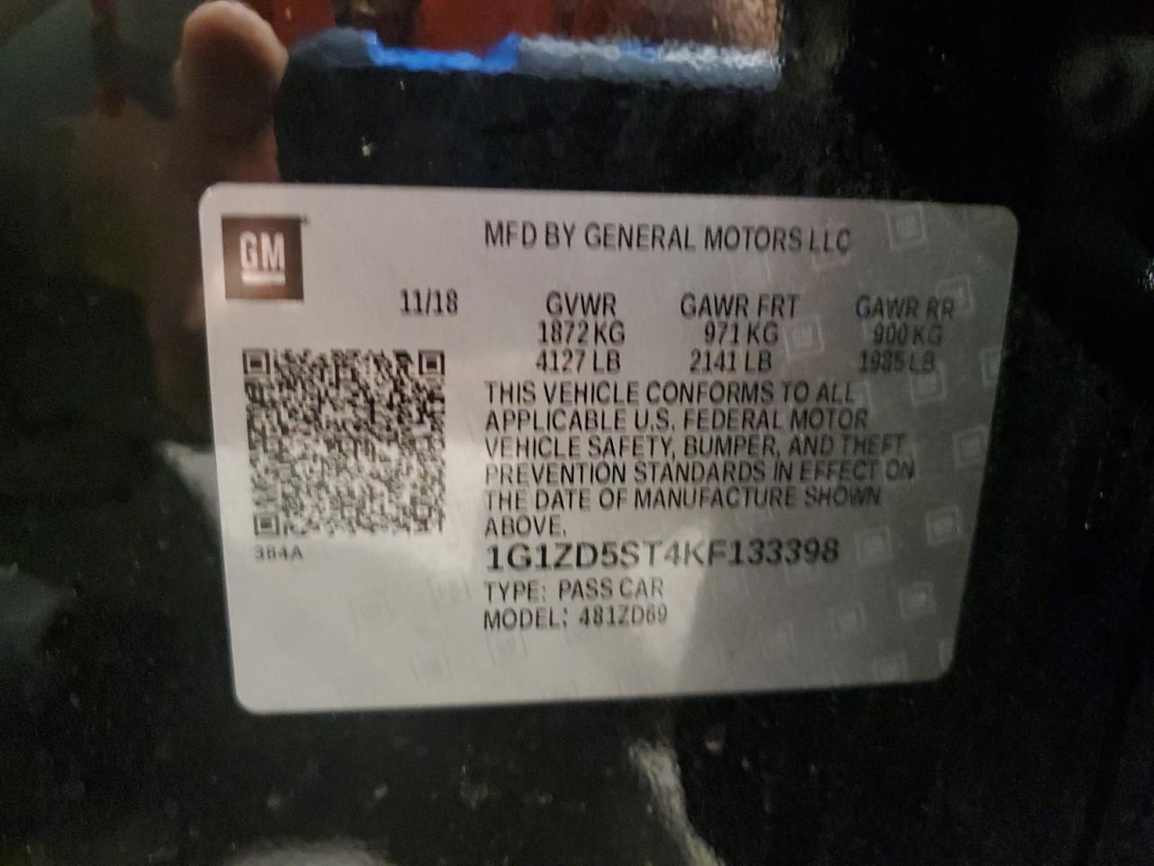 2019 Chevrolet Malibu Lt VIN: 1G1ZD5ST4KF133398 Lot: 82083385