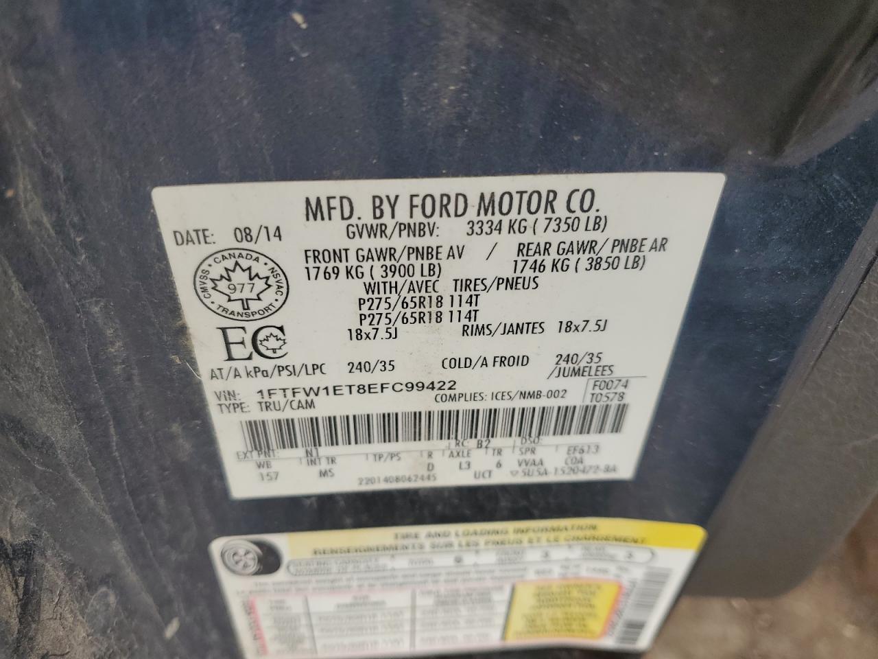 2014 Ford F150 Supercrew VIN: 1FTFW1ET8EFC99422 Lot: 83768705