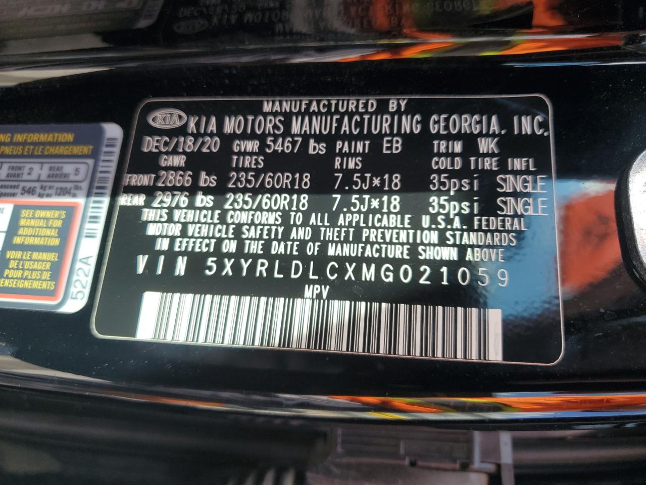 2021 Kia Sorento S VIN: 5XYRLDLCXMG021059 Lot: 81587355