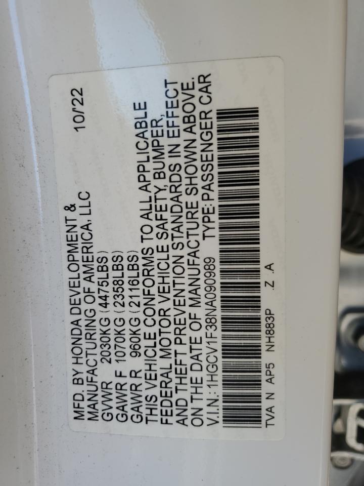 2022 Honda Accord Sport VIN: 1HGCV1F38NA090989 Lot: 83760245