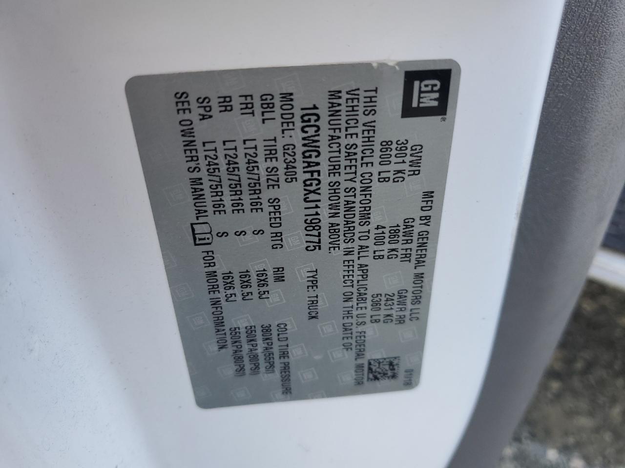 2018 Chevrolet Express G2500 VIN: 1GCWGAFGXJ1198775 Lot: 80762505