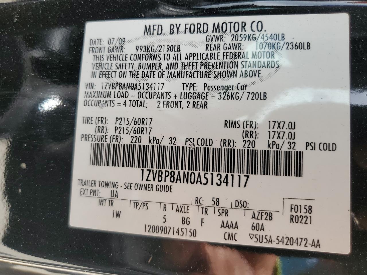 2010 Ford Mustang VIN: 1ZVBP8AN0A5134117 Lot: 80562895