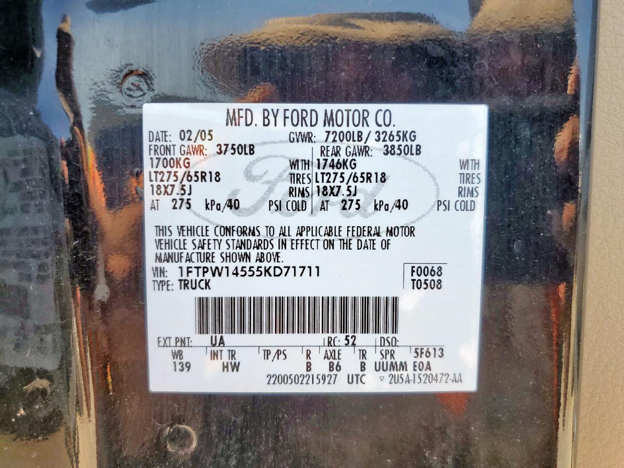 2005 Ford F150 Supercrew VIN: 1FTPW14555KD71711 Lot: 81031015