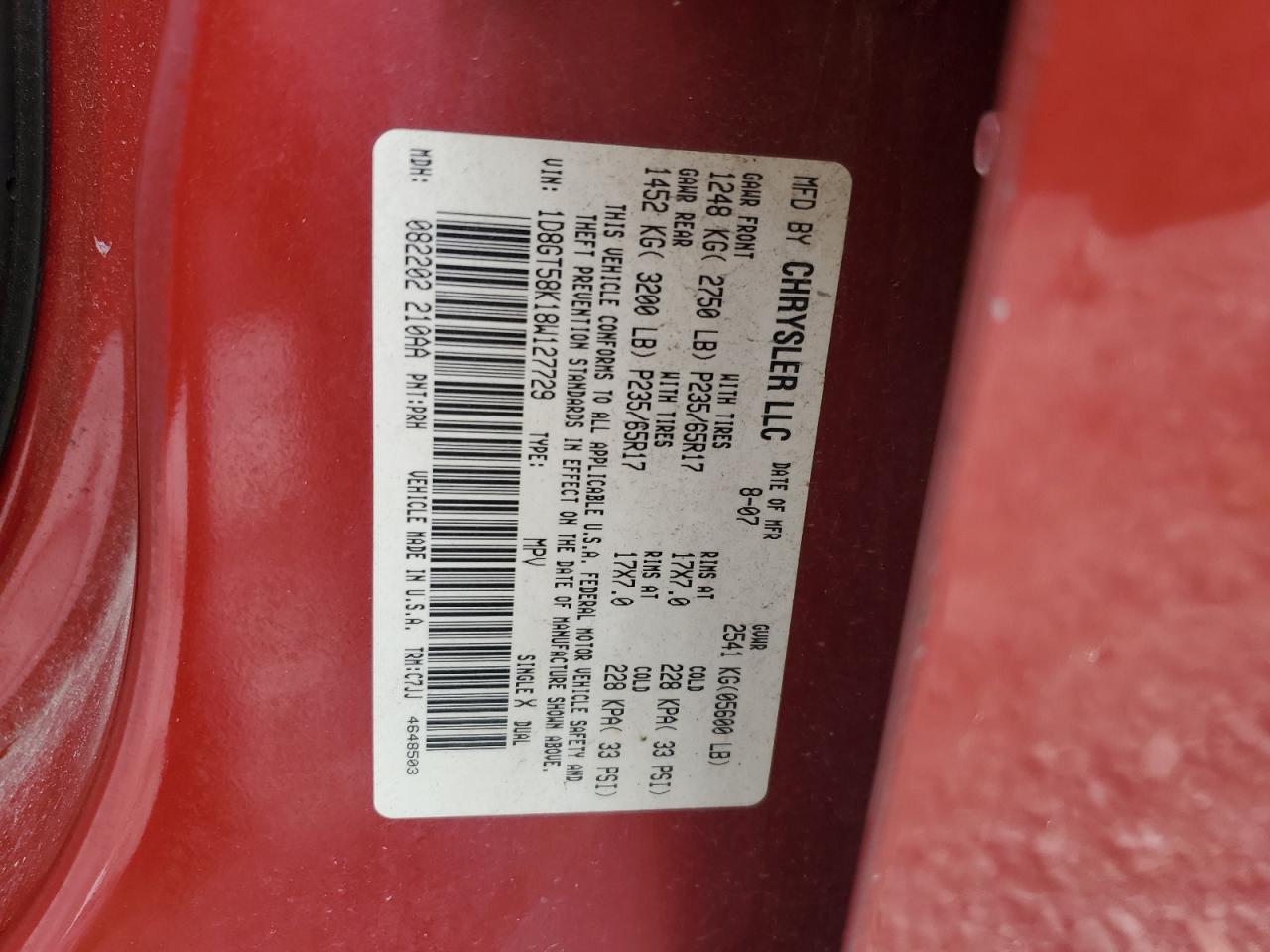 2008 Dodge Nitro Slt VIN: 1D8GT58K18W127729 Lot: 81617365