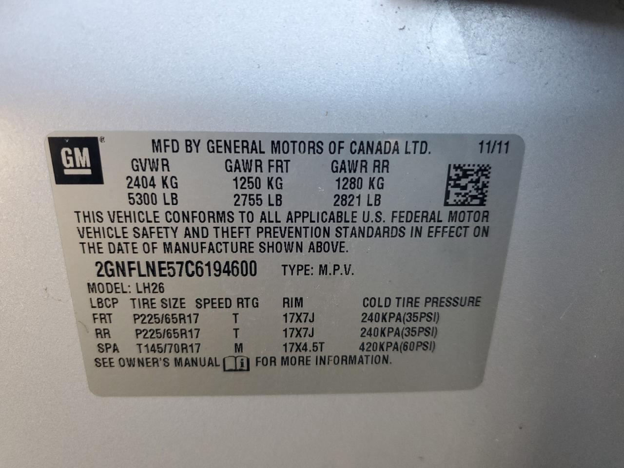 2012 Chevrolet Equinox Lt VIN: 2GNFLNE57C6194600 Lot: 82078875