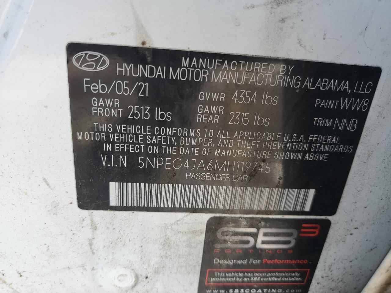 2021 Hyundai Sonata Se VIN: 5NPEG4JA6MH119745 Lot: 71080745