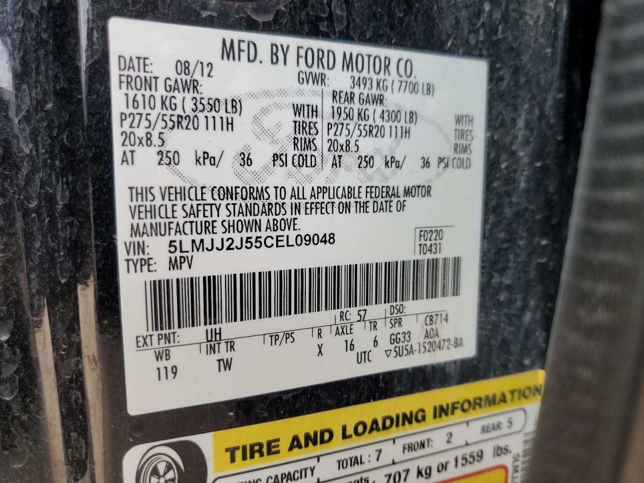 2012 Lincoln Navigator VIN: 5LMJJ2J55CEL09048 Lot: 71555435