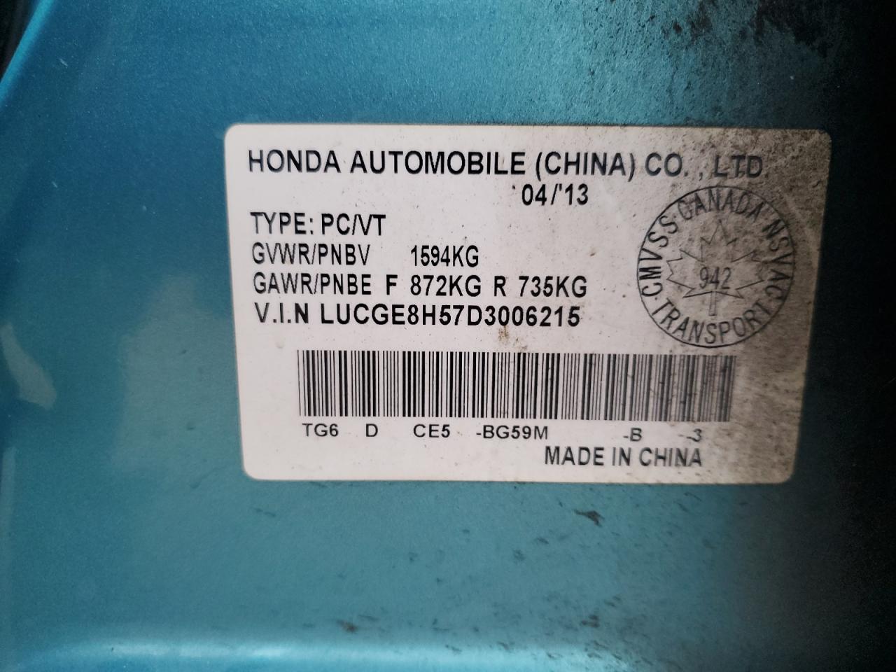 2013 Honda Fit Lx VIN: LUCGE8H57D3006215 Lot: 80910995