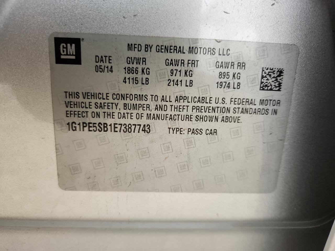 2014 Chevrolet Cruze Lt VIN: 1G1PE5SB1E7387743 Lot: 82086345